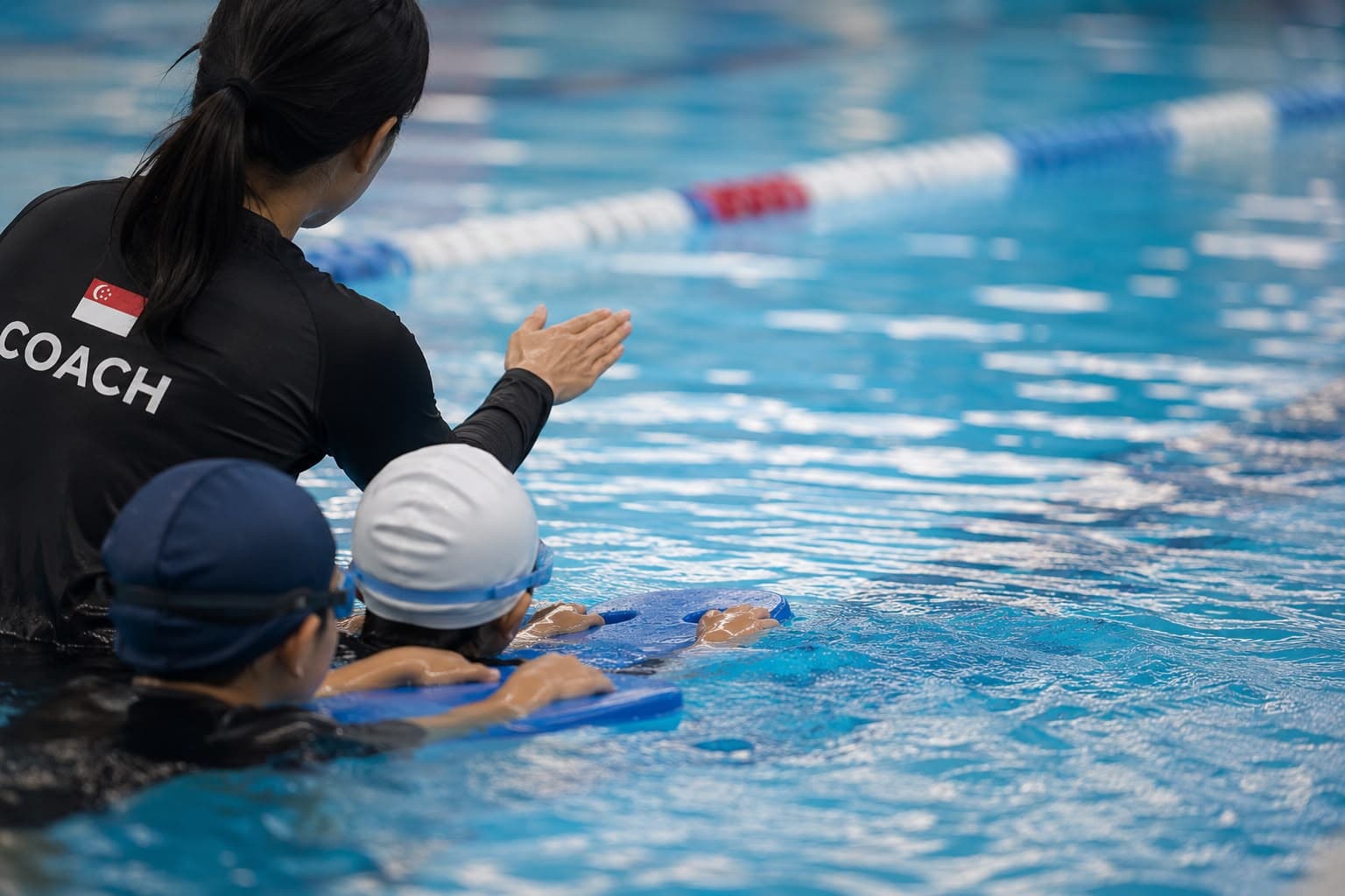 A swim coach guiding two children with a kickboard during a swimming lesson in a lane pool